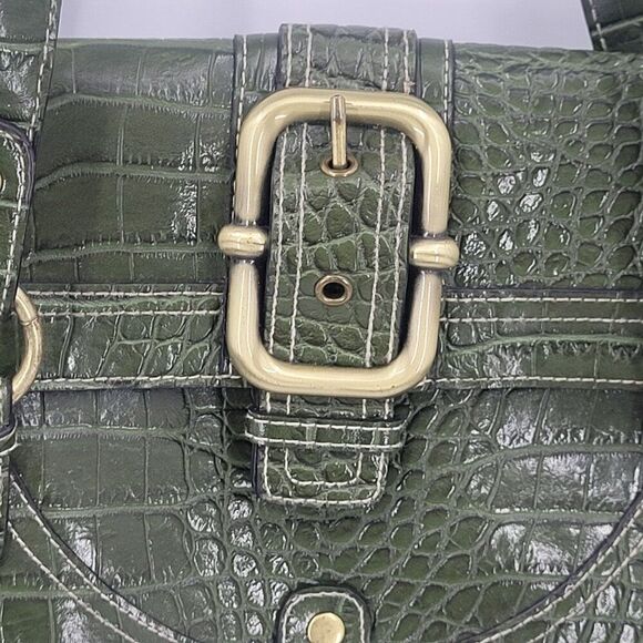 Vintage Green Vegan Faux Croc Shoulder Bag Satchel Gold Buckle Multiple Pockets - Picture 5 of 13